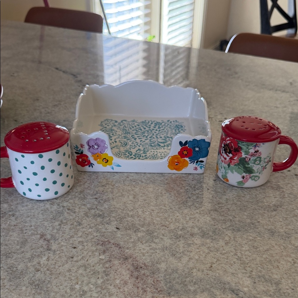The Pioneer Woman Floral Napkin Holder with Polka Dot and Floral Shakers